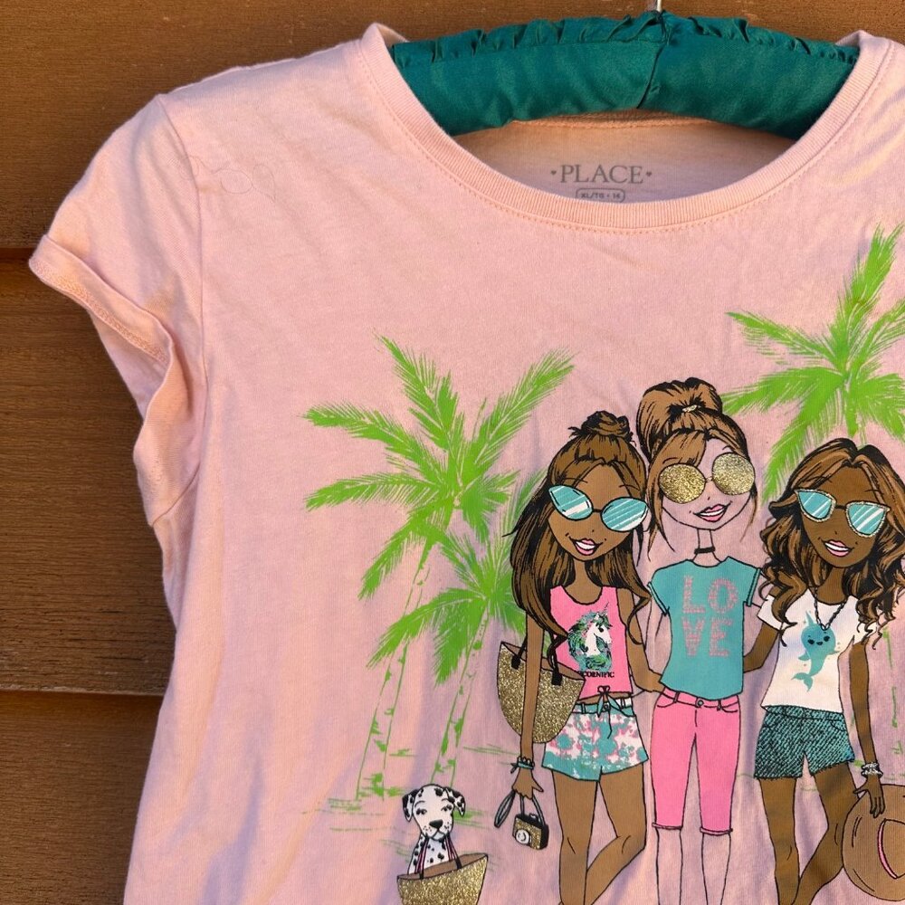Childrens Place Girls Pink Graphic Tee Size XL 14 With Tropical Palm & Friends D - Picture 5 of 12